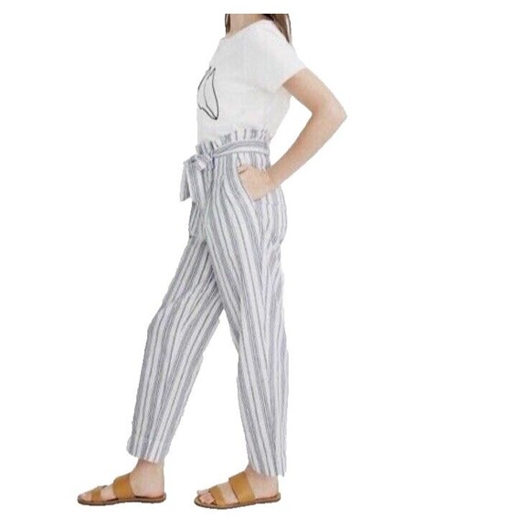 Madewell Women's 4 Linen-Cotton Paperbag Pants Dark Baltic Stripe - Picture 3 of 11